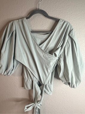 Express Sage Green Wrap Tie Puff Sleeve Blouse